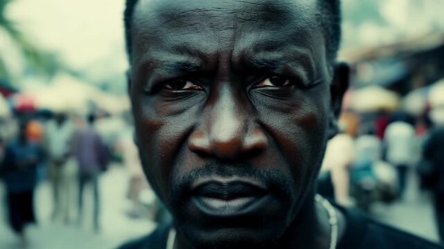 The unwavering determination on the face of a middleaged man with a stern expression and piercing eyes. The background is a bustling market scene.