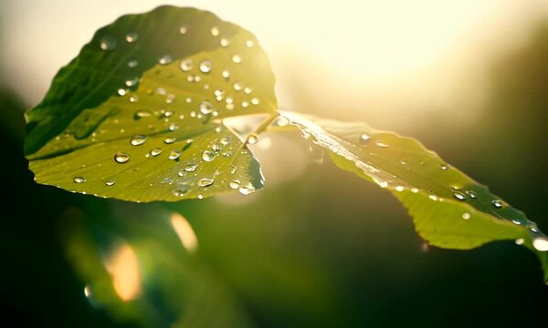 Dew Drops on a Leaf:  A close-up shot of a single leaf, glistening with dew drops, bathed in the warm glow of the morning sun. The image captures the beauty and fragility of nature, with delicate drop