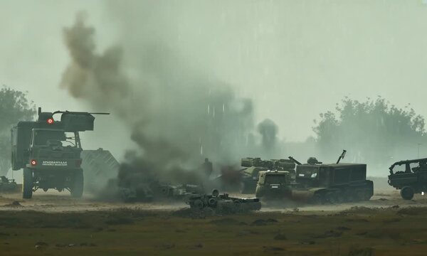 Echoes of War: A desolate battlefield shrouded in smoke, with military vehicles amidst the debris, capturing the stark reality of conflict. 