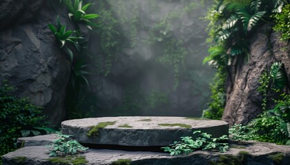 Stone Platform in a Lush Tropical Forest