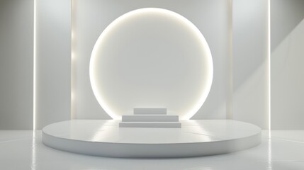 A podium background featuring a sleek, white podium illuminated by soft lighting, set against a clean, minimalistic background, creating a professional and elegant atmosphere perfect for