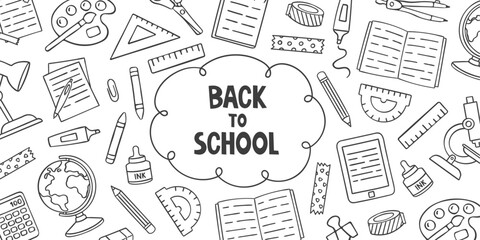 Doodle template with school and student supplies. Knowledge Day, back to school