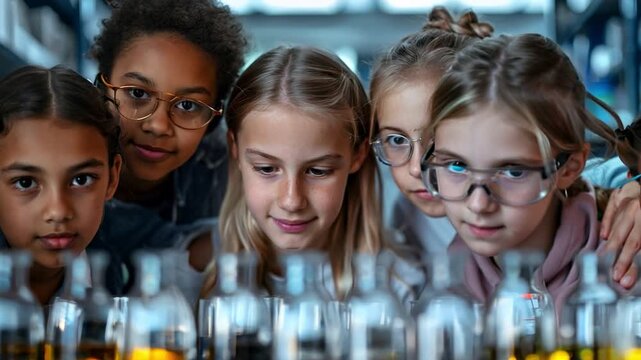 Observing a scientific experiment with the teacher and students chemical reaction in the classroom
- Powered by Adobe