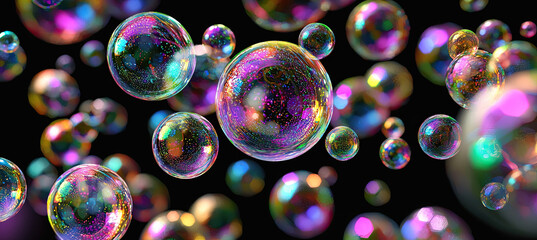 Bubbles Isolated on Black Background, Clear Soap Bubbles, Floating Air Spheres, Glossy Bubble Texture, Abstract Bubble Shapes, High Contrast Imagery, High Resolution Photo