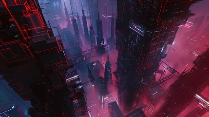 Cyberpunk Cityscape with Red Neon Lights.