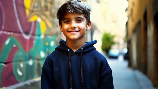 A teenage boy wearing a hoodie stands in front of a colorful mural in an alleyway his arms crossed and a slight smirk on his face. The street art in the background lends a sense of