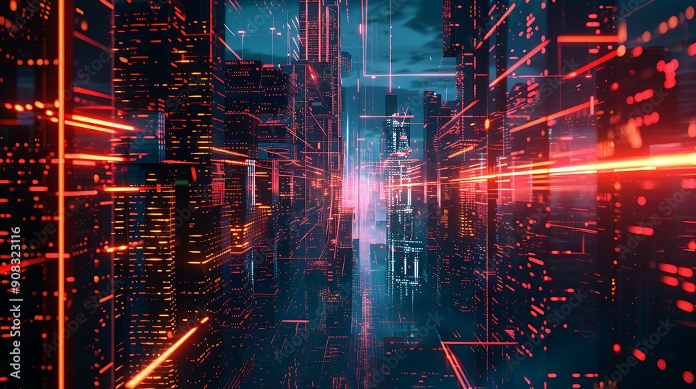 Poster Futuristic Cityscape with Red Lights and Digital Grids.