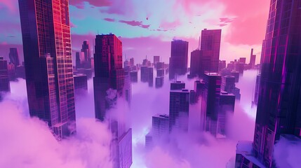 Cityscape with Purple and Pink Sky at Sunset.
