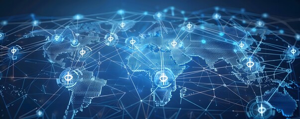 Obraz premium Low polygon Globe Map with social icons wireframe mesh on blue background