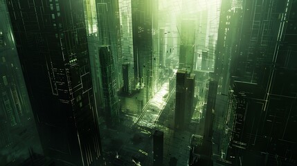 Futuristic Cityscape with Green Glass Buildings.