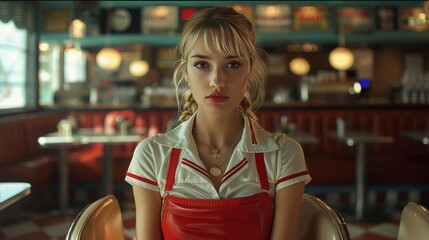 Vintage Diner Waitress in Red Apron 6