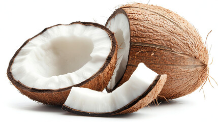 Fresh Coconut Slice and Piece Isolated on White Background, Tropical Fruit, Healthy Food, Natural Coconut Flesh, Organic Coconut Meat, Exotic Fruit, Raw Coconut Chunks, Pure White Background
