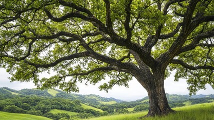 Obraz premium Sprawling Oak Tree in a Scenic Valley, symbolizing shelter and growth, leadership