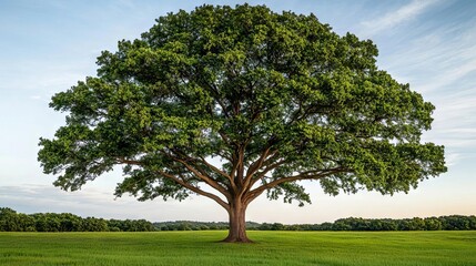 Fototapeta premium Majestic Oak Tree in a Green Field, symbolizing shelter and growth, Leadership