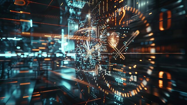 Abstract Digital Clock with Binary Code and Data Streams.