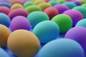Many colorful eggs on royal blue background. Closeup view, macro shot, selective focuscloseup shot. 3d render, illustration