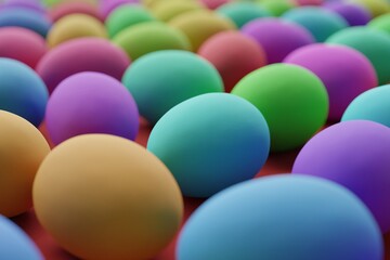 Many colorful eggs on maroon background. Closeup view, macro shot, selective focuscloseup shot. 3d render, illustration