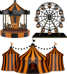 halloween amusement park elements. isolated carousel, circus and ferris wheel with black and orange stripes © Angelica