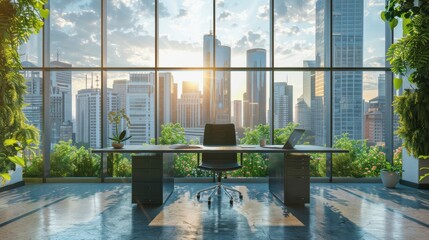 Fototapeta premium A modern office background showcasing a sleek and stylish workspace with clean lines, ergonomic furniture, and large windows that offer a panoramic view of the city skyline, creating an environment