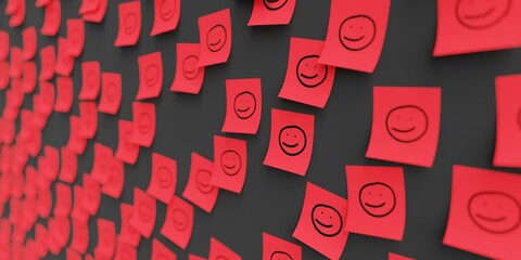 Many red stickers on black board background with face symbol drawn on them. Closeup view with narrow depth of field and selective focus. 3d render, Illustration