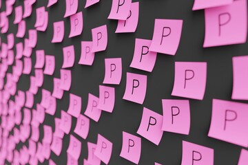 Many pink stickers on black board background with symbol of Botswana pula drawn on them. Closeup view with narrow depth of field and selective focus. 3d render, illustration