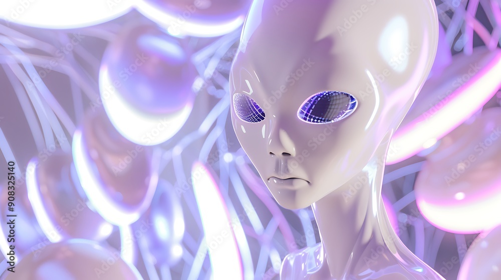 Canvas Prints Close-up Portrait of an Alien with Glowing Eyes in an Abstract Background.