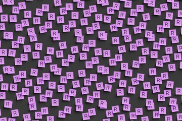 Many violet stickers on black board background with symbol of South Africa rand drawn on them. Flat view. 3d render, illustration