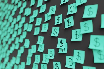 Many teal stickers on black board background with symbol of Bermuda dollar drawn on them. Closeup view with narrow depth of field and selective focus. 3d render, illustration