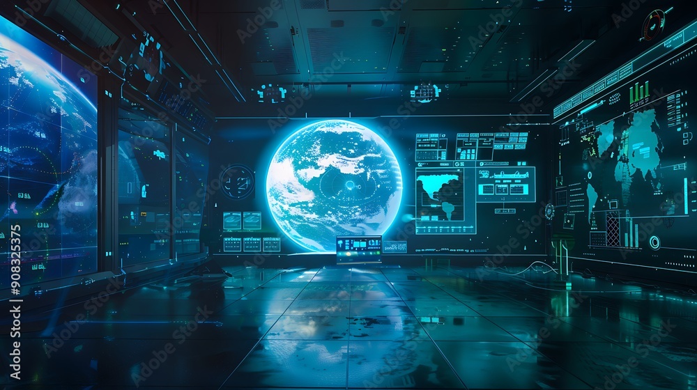 Poster Futuristic Control Room with Global Data Displays.