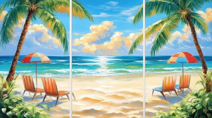Fototapeta premium A serene tropical beach scene with palm trees, colorful umbrellas, and lounge chairs by the ocean, perfect for relaxation and escape.