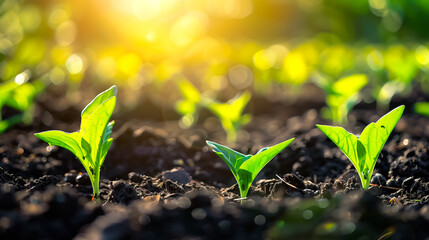 
In a rural landscape, a row of young plants grows in a field, highlighting their dicotyledonous nature. The scene captures early agricultural growth and the promise of a thriving harvest.