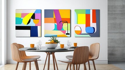 Bright and colorful modern art decorates a stylish dining room with wooden chairs and a round table, creating a vibrant atmosphere.