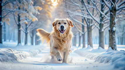 Fluffy golden retriever dog wagging its tail and running freely in a serene winter wonderland surrounded by snow-covered trees and frozen landscape.