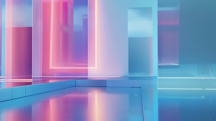 Abstract Futuristic Room with Neon Lights and Glass Panels.