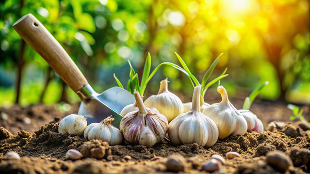 Close-up of fresh garlic cloves being planted in moist soil with a small shovel surrounded by lush greenery in a rustic garden setting.