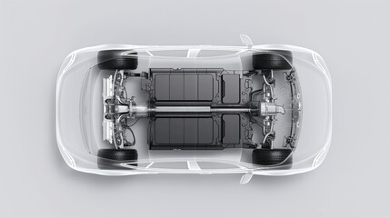 Battery EV Electric Vehicle Energy Technology, The overhead view of an electric car chassis with a transparent body reveals battery, suspension, and drivetrain components.