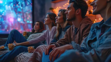 Obraz premium A group of friends bingewatching a series on a large screen