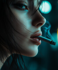 Obraz premium Close-up of a Woman Smoking a Cigarette in Moody Lighting 