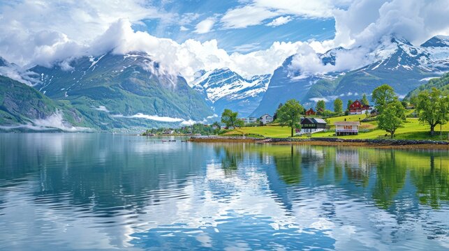 view of calm water lake with snowy mountains background, green plateau.