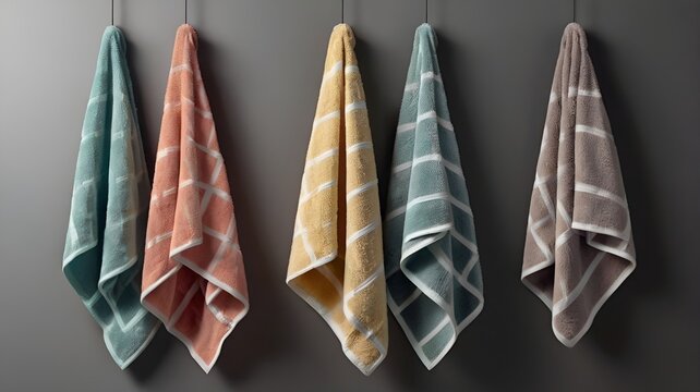 Set of various stylish hanging bath towels in different colors
