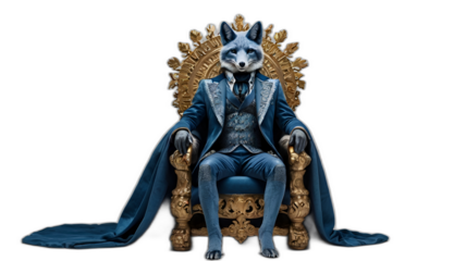 Blue fox sitting on throne chair on a white background