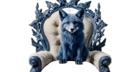 Blue fox sitting on throne chair on a white background