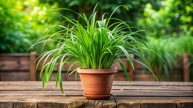 Vibrant green citronella plant with long, thin leaves and tall stems growing in a pot on a rustic wooden table in a natural setting.