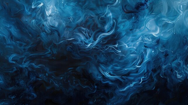 Abstract painting featuring deep blue and black swirls that merge and flow into each other, creating a sense of depth and mystery. Mixing waves.