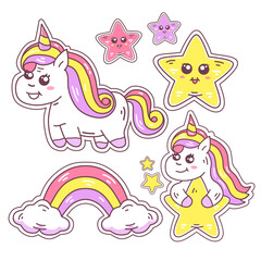 unicorn kawaii sticker set illustration. cute cartoon collection of unicorns, rainbows, stars. designs for children good for stickers, t-shirts, mugs