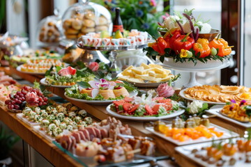Fototapeta premium buffet foods on long table, Celebration, luxury food