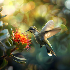 Fototapeta premium Hummingbird Focused Nectar Sipping Amid Blurred Floral Surroundings