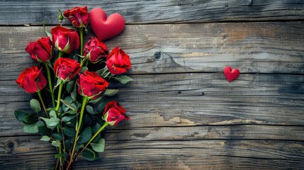 Red roses bouquet with heart shape in vertical layout with room for text