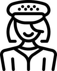 Line art icon of a smiling female police officer wearing a uniform and hat