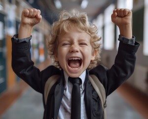 Excited Boy Celebrating Back to School with Arms Raised in Joyful Expression, Education, Learning, Childhood, Happiness, Enthusiasm, First Day, School Supplies, Classroom, Friends, Knowledge, Growth